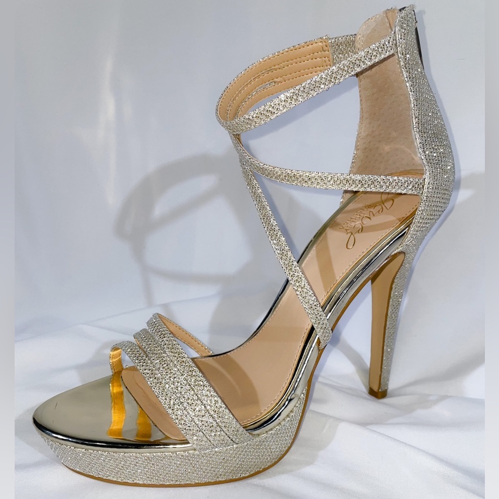 BADGLEY MISCHKA MAEVA PLATFORM GLITTER EVENING SHOE GOLD HIGH HEELS ANKLE STRAP